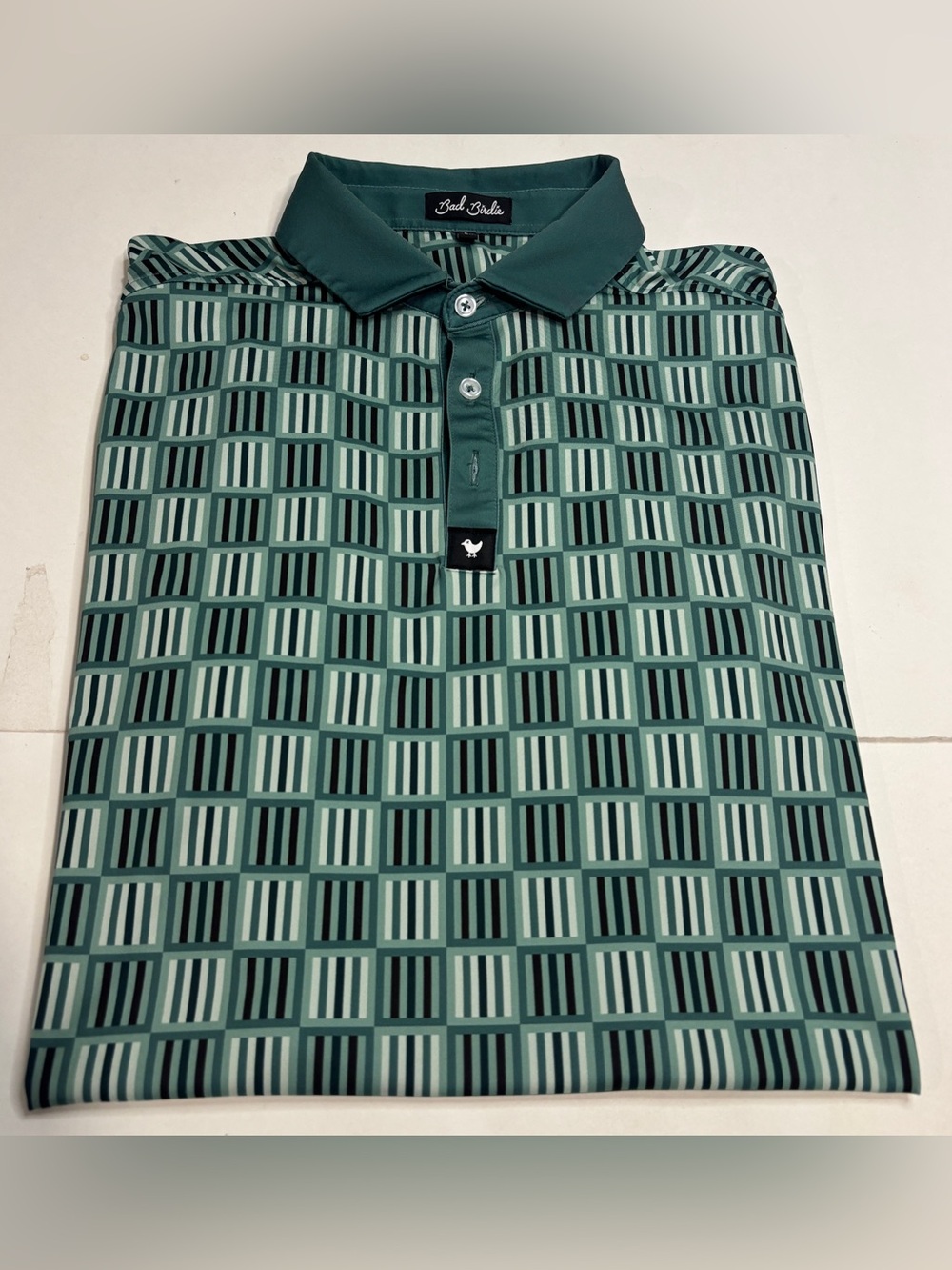 Bad Birdie Polo Shirt Mens Large Green Geometric Check Print Performance Golf